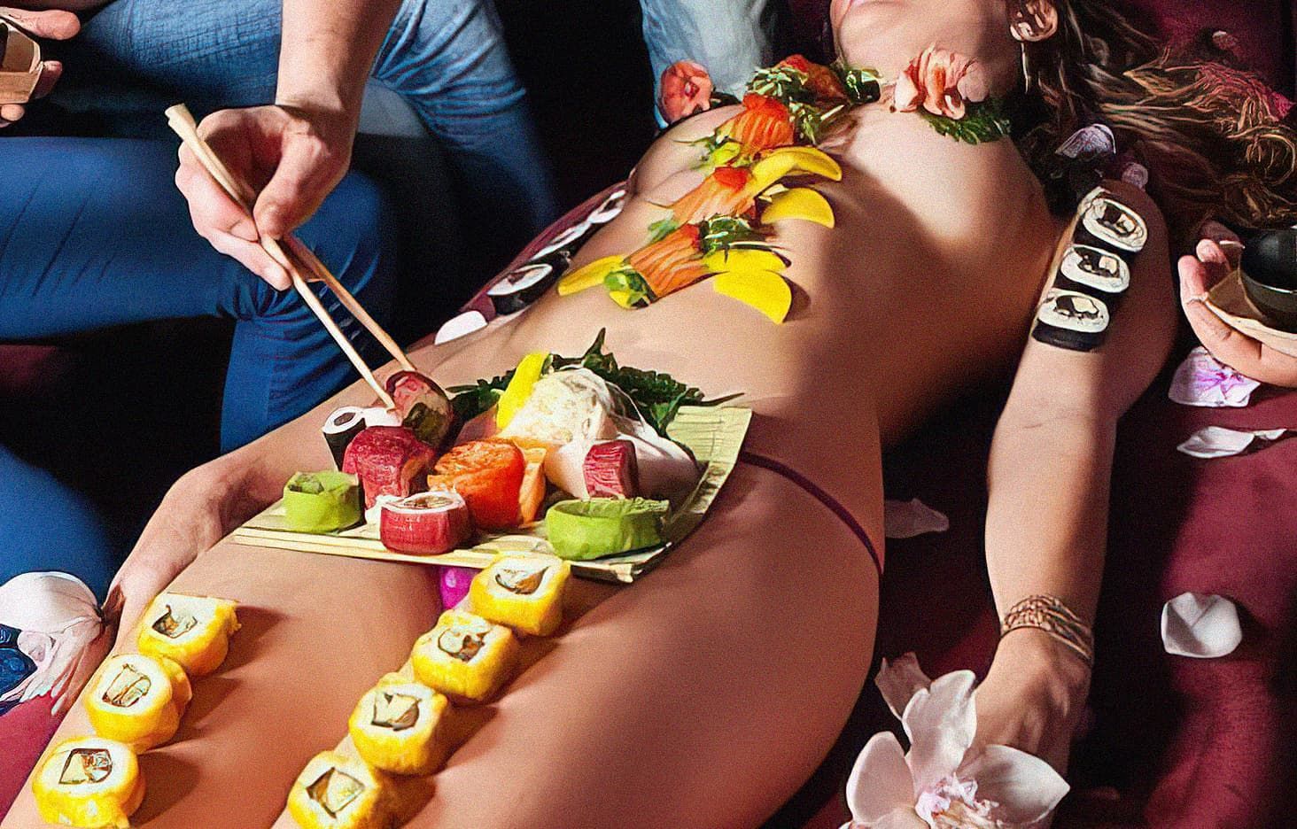 Sushi dinner served on a naked body